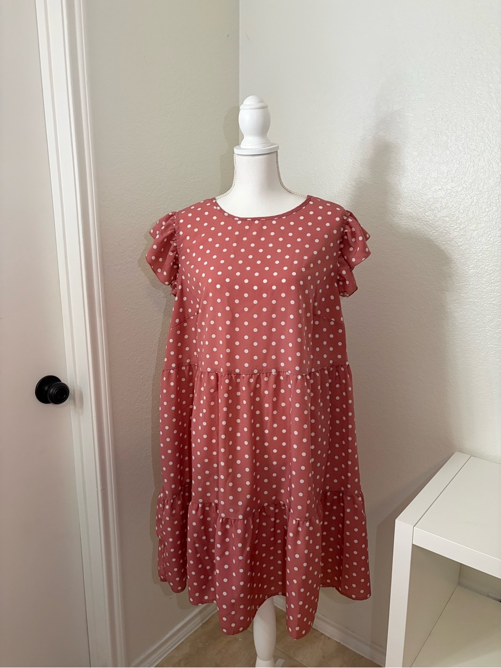 Polka Dot Tiered Casual Dress in Dusty Rose